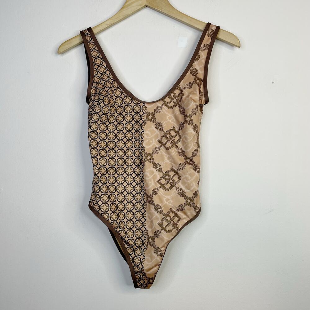 ASOS Design Splice One Piece Swimsuit Monogram Chain Horse bit Print Brown Tan 6